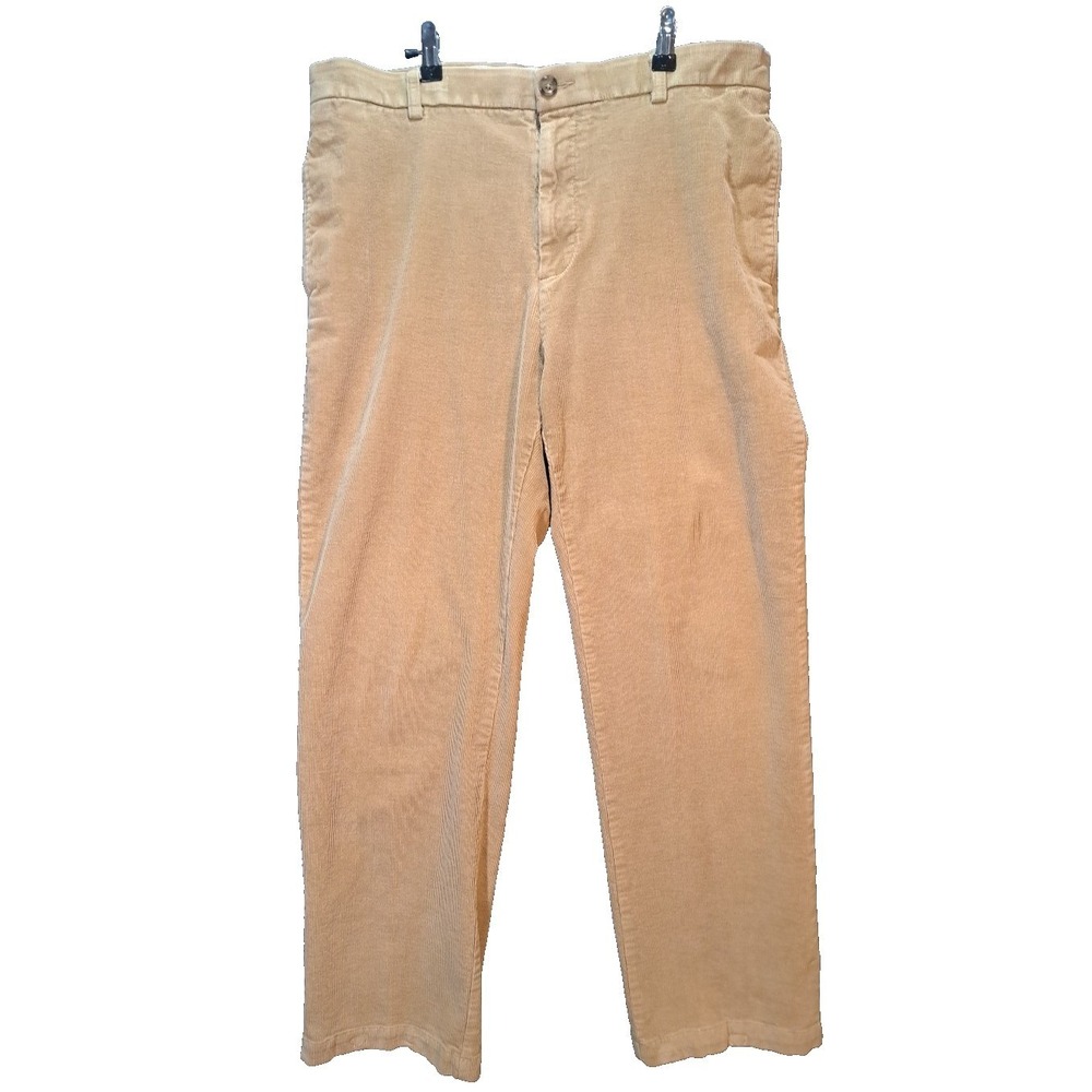 Roundtree & Yorke Mens Tan Corduroy Pants Straight Leg Stretch 38x34 Tan Cotton